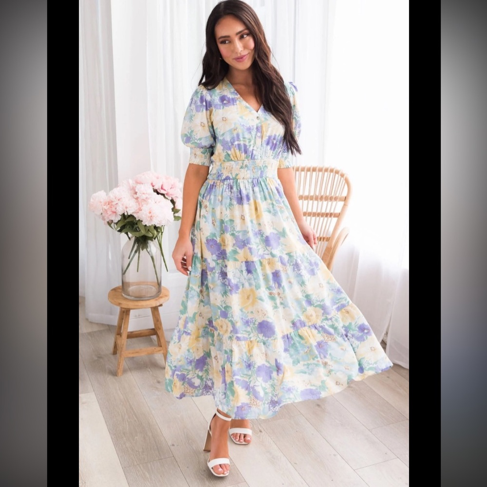 Baltic born floral maxi pansy print L maxi dress holiday party classic boho $129